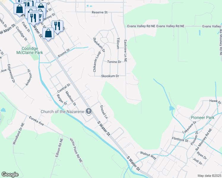 map of restaurants, bars, coffee shops, grocery stores, and more near 5005 Eastview Lane Northeast in Silverton
