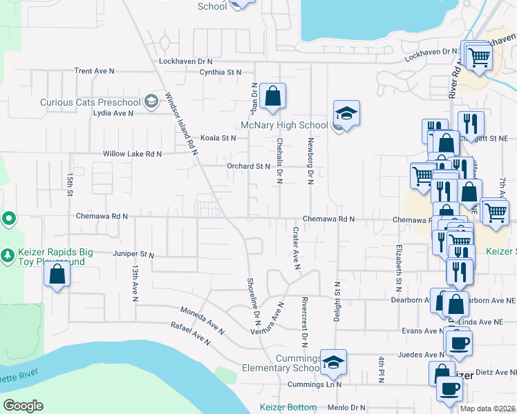 map of restaurants, bars, coffee shops, grocery stores, and more near 887 Chemawa Road North in Keizer