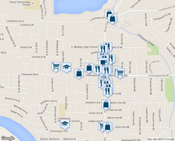 map of restaurants, bars, coffee shops, grocery stores, and more near 5018 Elizabeth Street North in Salem