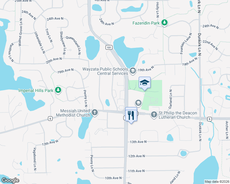 map of restaurants, bars, coffee shops, grocery stores, and more near 1625 Merrimac Lane North in Plymouth