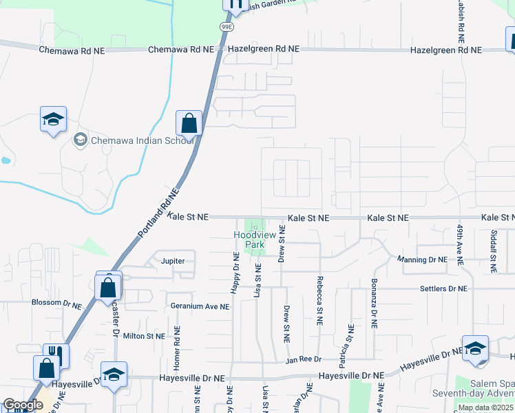 map of restaurants, bars, coffee shops, grocery stores, and more near 4990 Happy Drive Northeast in Salem