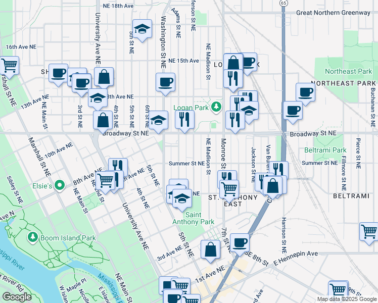 map of restaurants, bars, coffee shops, grocery stores, and more near 703 Jefferson Street Northeast in Minneapolis