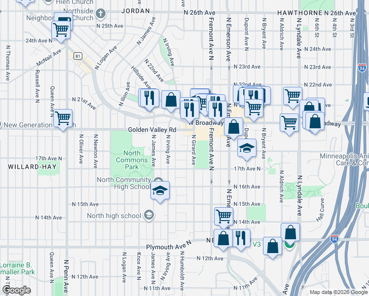 map of restaurants, bars, coffee shops, grocery stores, and more near 1407 North 18th Avenue in Minneapolis