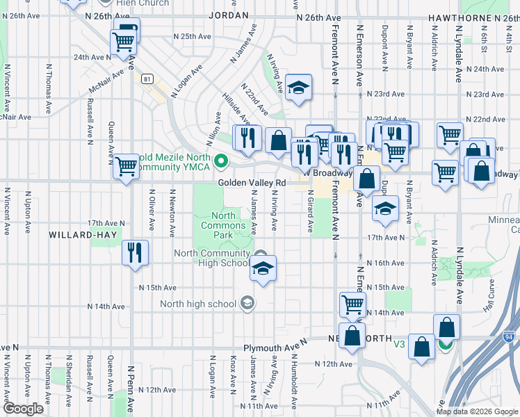 map of restaurants, bars, coffee shops, grocery stores, and more near 1631 17th Avenue North in Minneapolis