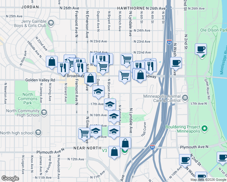 map of restaurants, bars, coffee shops, grocery stores, and more near 1726 North Bryant Avenue in Minneapolis
