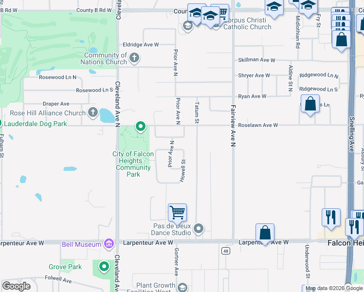 map of restaurants, bars, coffee shops, grocery stores, and more near 1853 North Howell Street in Roseville