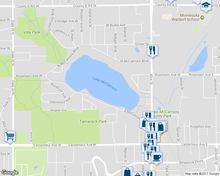 map of restaurants, bars, coffee shops, grocery stores, and more near 300 South McCarron Boulevard in Roseville
