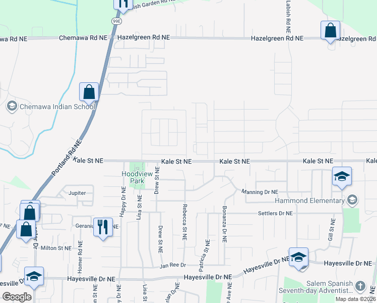 map of restaurants, bars, coffee shops, grocery stores, and more near 4986 Rebecca Street Northeast in Salem