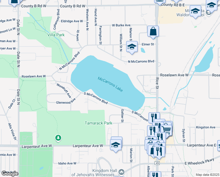 map of restaurants, bars, coffee shops, grocery stores, and more near 300 South McCarron Boulevard in Roseville