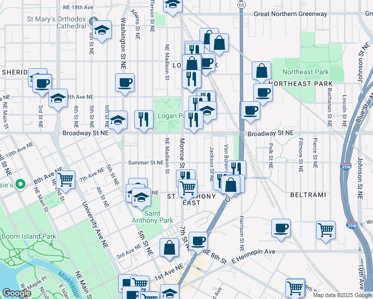 map of restaurants, bars, coffee shops, grocery stores, and more near 701 Summer Street Northeast in Minneapolis