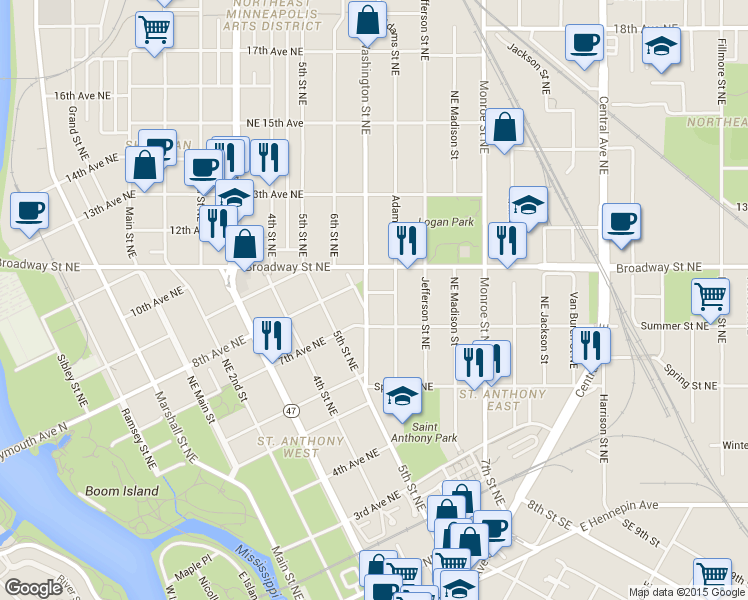 map of restaurants, bars, coffee shops, grocery stores, and more near 637 Summer Street Northeast in Minneapolis