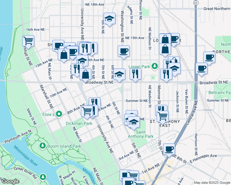 map of restaurants, bars, coffee shops, grocery stores, and more near 515 Summer Street Northeast in Minneapolis