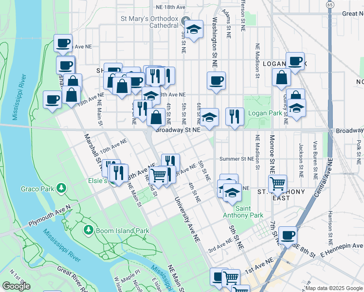 map of restaurants, bars, coffee shops, grocery stores, and more near 330 8th Avenue Northeast in Minneapolis