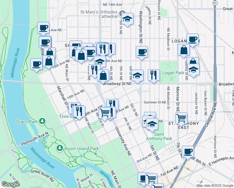 map of restaurants, bars, coffee shops, grocery stores, and more near 330 8th Avenue Northeast in Minneapolis