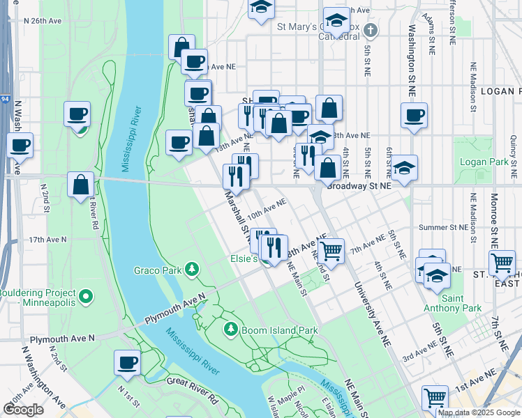 map of restaurants, bars, coffee shops, grocery stores, and more near 114 10th Avenue Northeast in Minneapolis