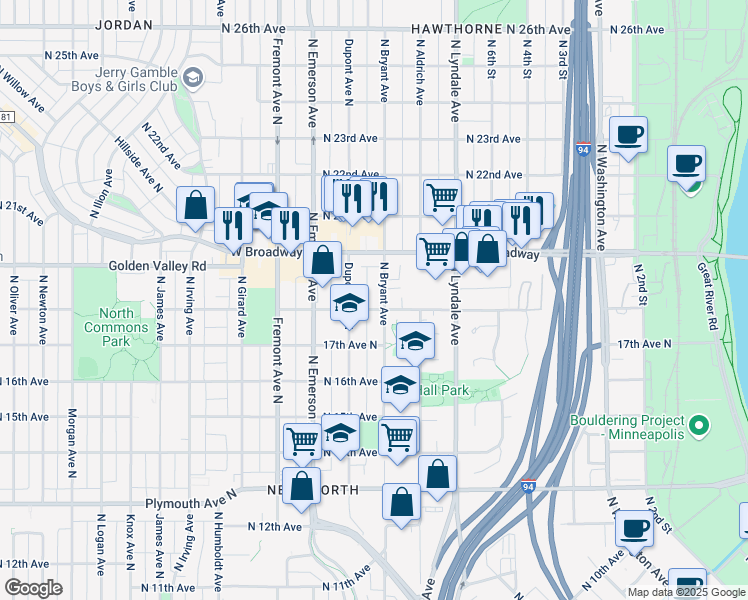 map of restaurants, bars, coffee shops, grocery stores, and more near 1726 North Bryant Avenue in Minneapolis