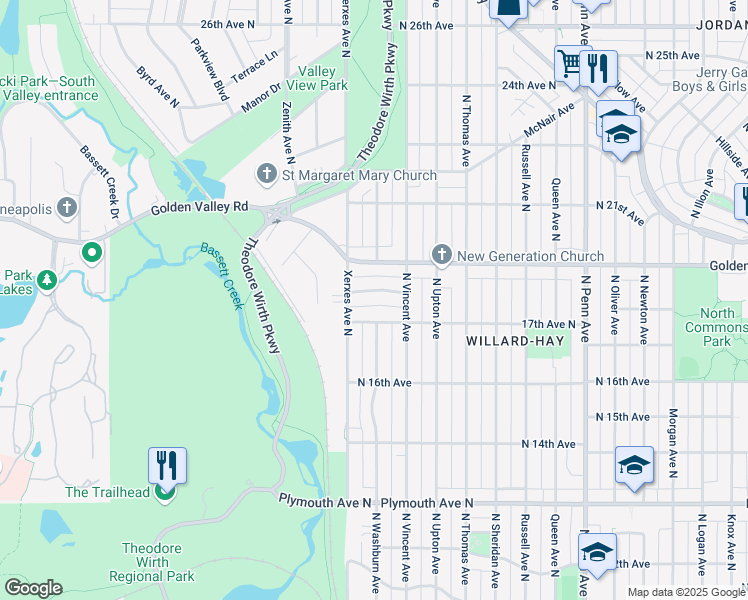 map of restaurants, bars, coffee shops, grocery stores, and more near 1658 Xerxes Avenue North in Minneapolis