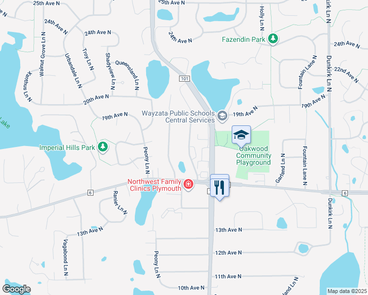 map of restaurants, bars, coffee shops, grocery stores, and more near 1625 Merrimac Lane North in Plymouth