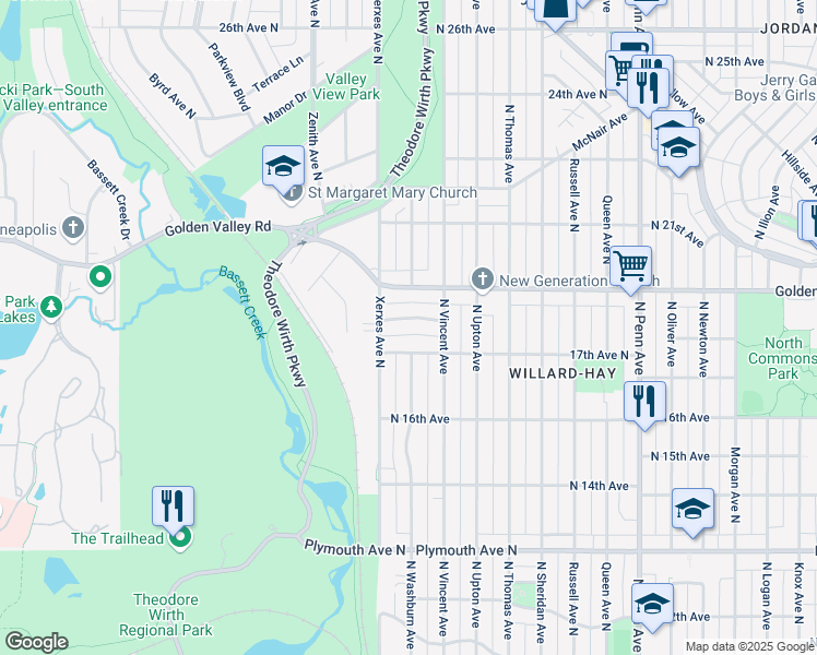map of restaurants, bars, coffee shops, grocery stores, and more near 1658 Xerxes Avenue North in Minneapolis