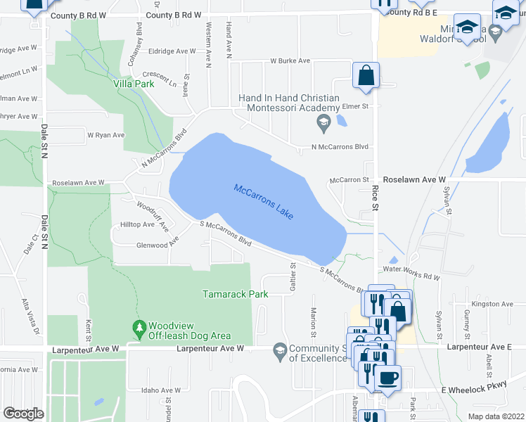 map of restaurants, bars, coffee shops, grocery stores, and more near 300 South McCarron Boulevard in Roseville