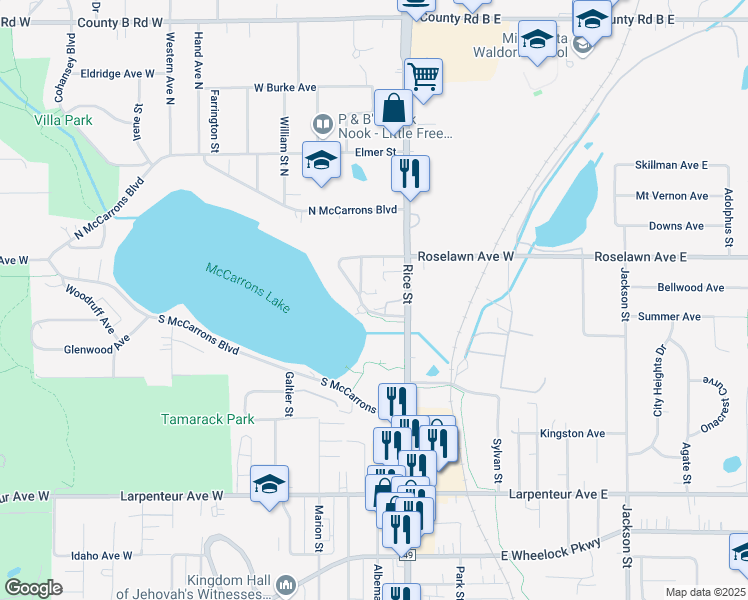 map of restaurants, bars, coffee shops, grocery stores, and more near 1872 Shady Beach Avenue in Roseville