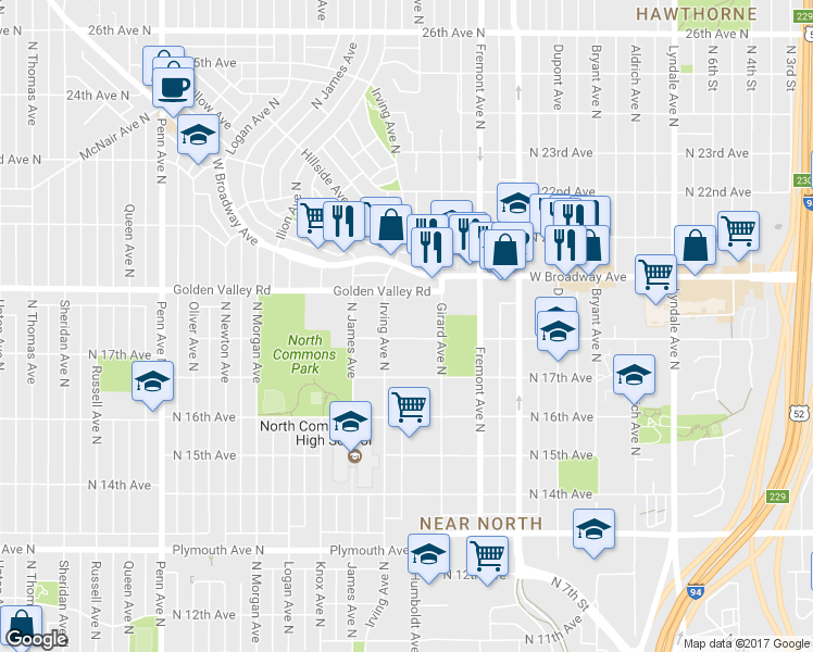 map of restaurants, bars, coffee shops, grocery stores, and more near 1411 Golden Valley Road in Minneapolis