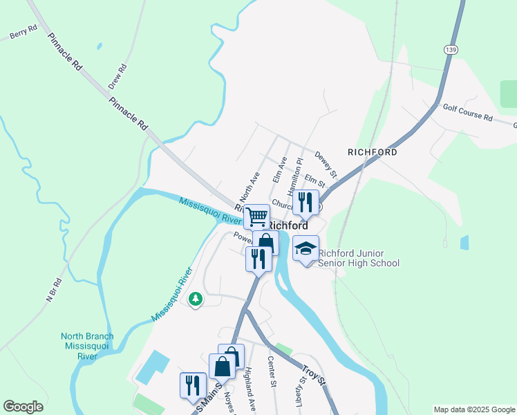 map of restaurants, bars, coffee shops, grocery stores, and more near 30 North Avenue in Richford
