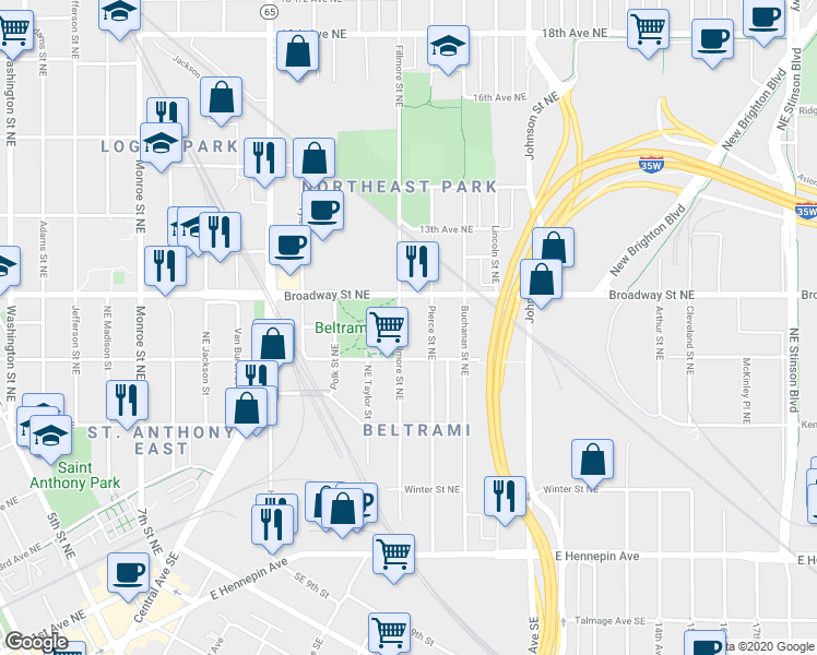map of restaurants, bars, coffee shops, grocery stores, and more near 1212 Broadway Street Northeast in Minneapolis