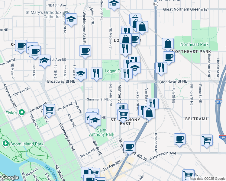 map of restaurants, bars, coffee shops, grocery stores, and more near 680 Broadway Street Northeast in Minneapolis