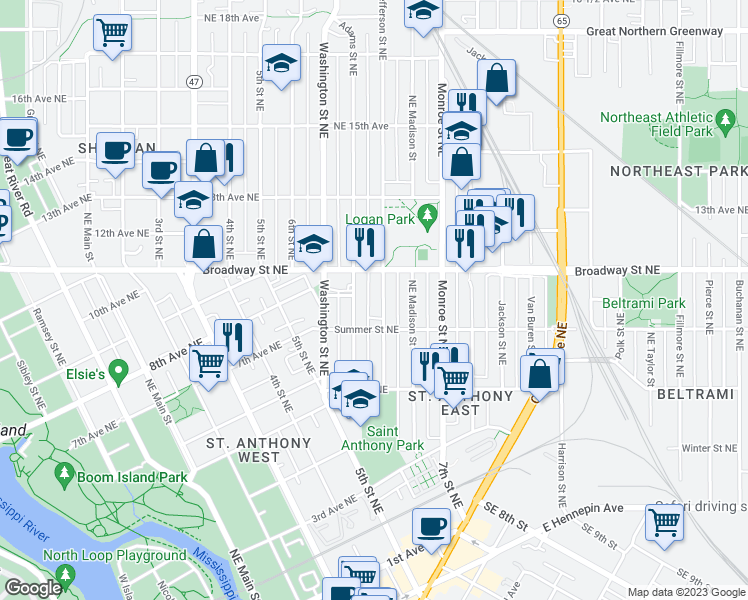 map of restaurants, bars, coffee shops, grocery stores, and more near 754 Jefferson Street Northeast in Minneapolis