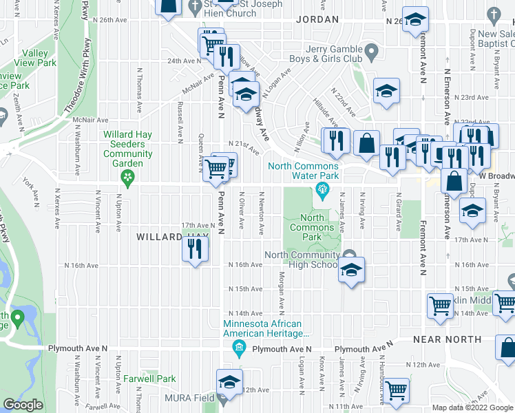 map of restaurants, bars, coffee shops, grocery stores, and more near 1833 North Newton Avenue in Minneapolis