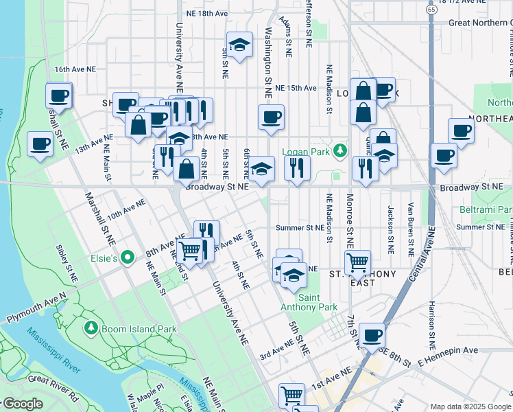 map of restaurants, bars, coffee shops, grocery stores, and more near 524 8th Avenue Northeast in Minneapolis
