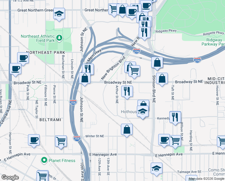 map of restaurants, bars, coffee shops, grocery stores, and more near 1915 Broadway Street Northeast in Minneapolis