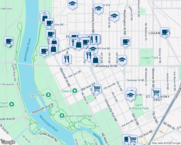 map of restaurants, bars, coffee shops, grocery stores, and more near 234 Broadway Street Northeast in Minneapolis