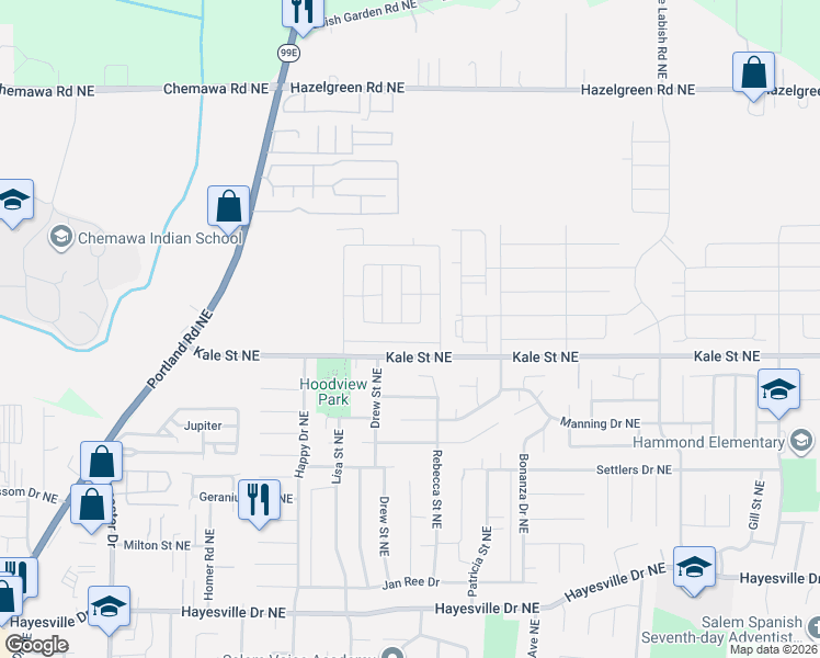map of restaurants, bars, coffee shops, grocery stores, and more near 5266 Crystal Street Northeast in Salem