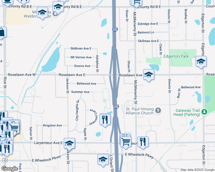 map of restaurants, bars, coffee shops, grocery stores, and more near 1892 Adolphus Street in Saint Paul
