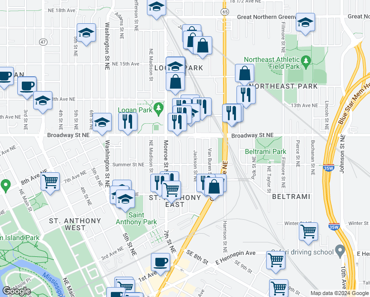 map of restaurants, bars, coffee shops, grocery stores, and more near in Minneapolis