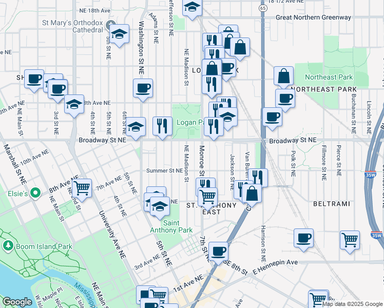 map of restaurants, bars, coffee shops, grocery stores, and more near 680 Broadway Street Northeast in Minneapolis