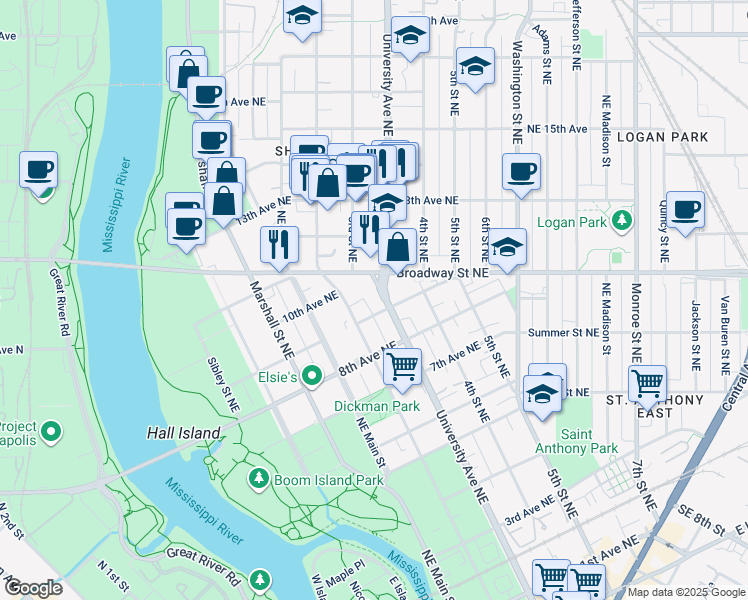 map of restaurants, bars, coffee shops, grocery stores, and more near 234 Broadway Street Northeast in Minneapolis