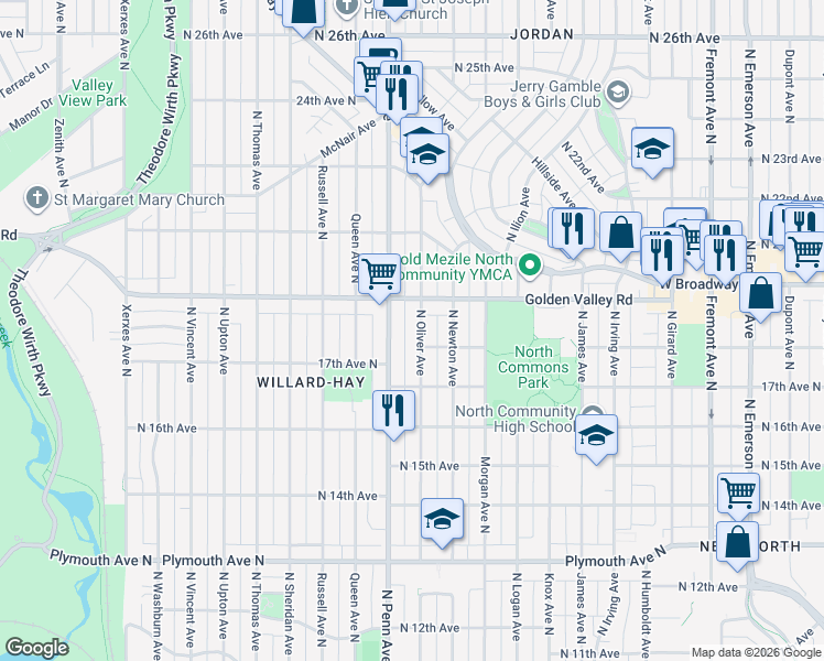 map of restaurants, bars, coffee shops, grocery stores, and more near 1839 North Oliver Avenue in Minneapolis
