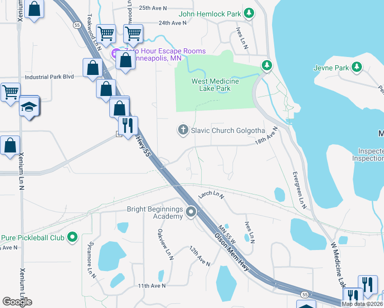 map of restaurants, bars, coffee shops, grocery stores, and more near 1800 Magnolia Lane North in Plymouth