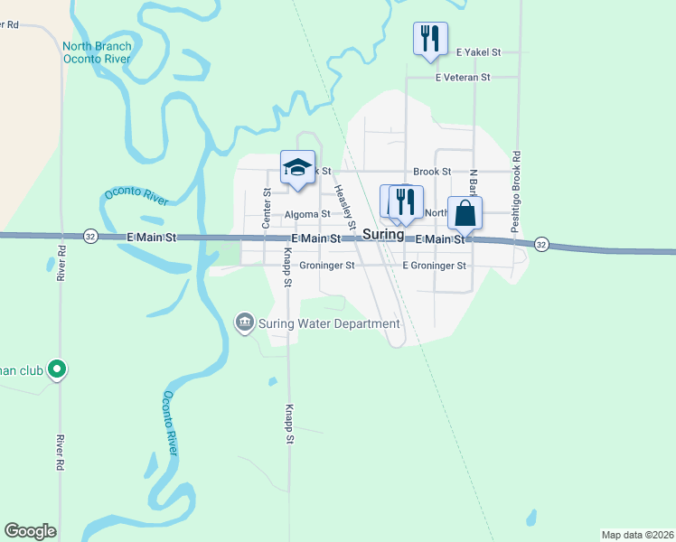 map of restaurants, bars, coffee shops, grocery stores, and more near 526 Groninger Street in Suring