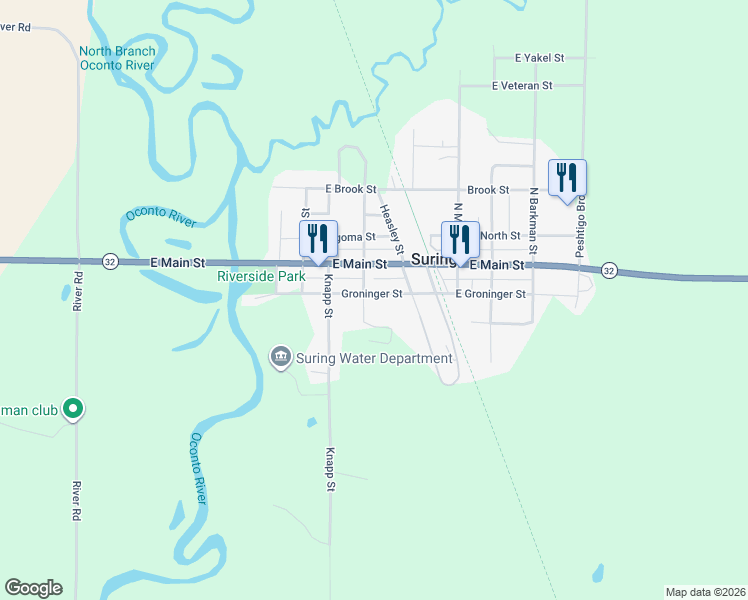 map of restaurants, bars, coffee shops, grocery stores, and more near 526 Groninger Street in Suring