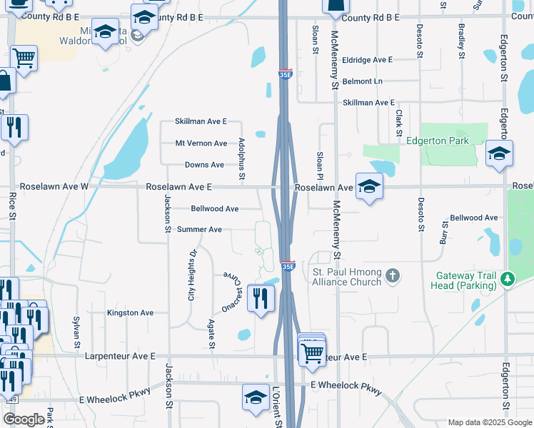 map of restaurants, bars, coffee shops, grocery stores, and more near 1892 Adolphus Street in Saint Paul