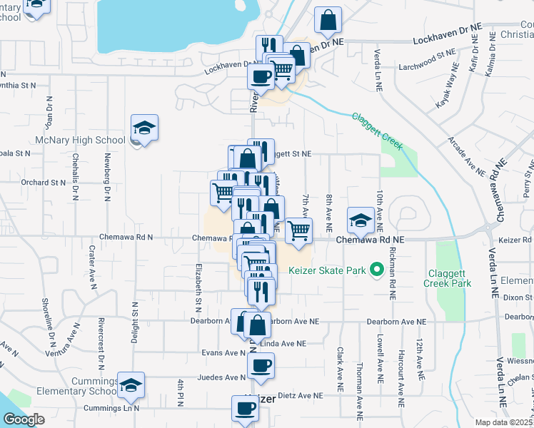 map of restaurants, bars, coffee shops, grocery stores, and more near 5120 Witenberg Lane Northeast in Keizer
