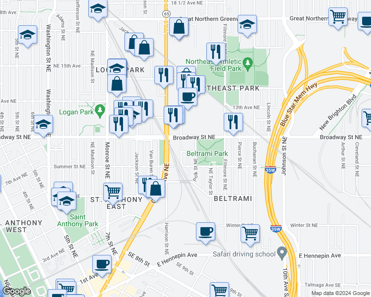 map of restaurants, bars, coffee shops, grocery stores, and more near 1000 Broadway Street Northeast in Minneapolis