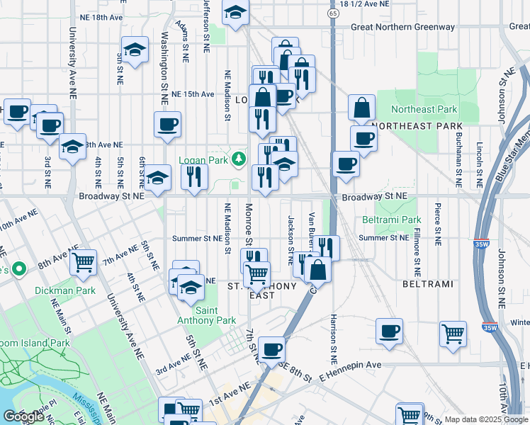 map of restaurants, bars, coffee shops, grocery stores, and more near 755 Monroe Street Northeast in Minneapolis