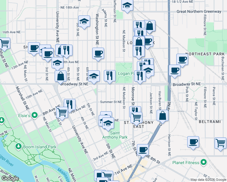 map of restaurants, bars, coffee shops, grocery stores, and more near in Minneapolis