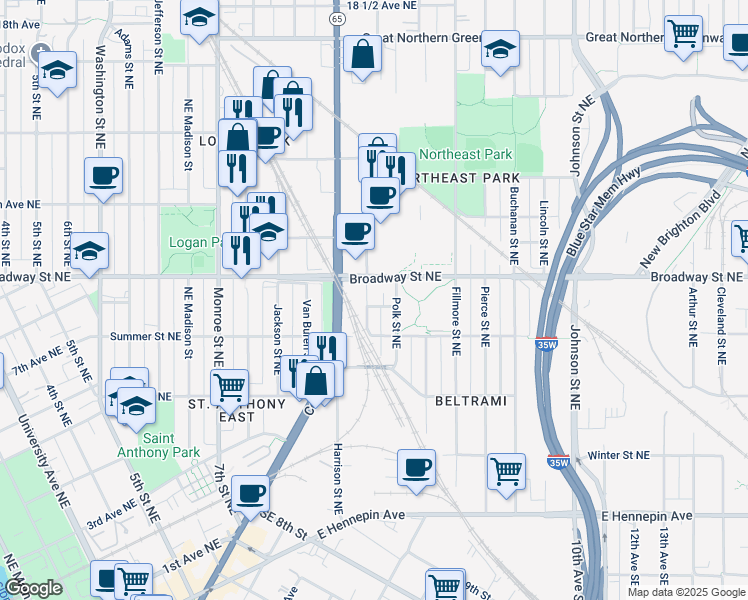 map of restaurants, bars, coffee shops, grocery stores, and more near 735 Tyler Street Northeast in Minneapolis