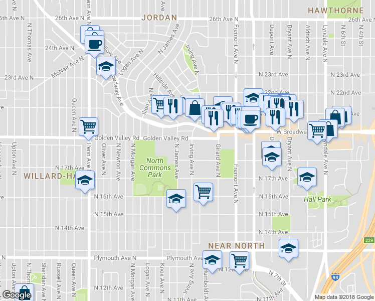 map of restaurants, bars, coffee shops, grocery stores, and more near 1819 Irving Avenue North in Minneapolis